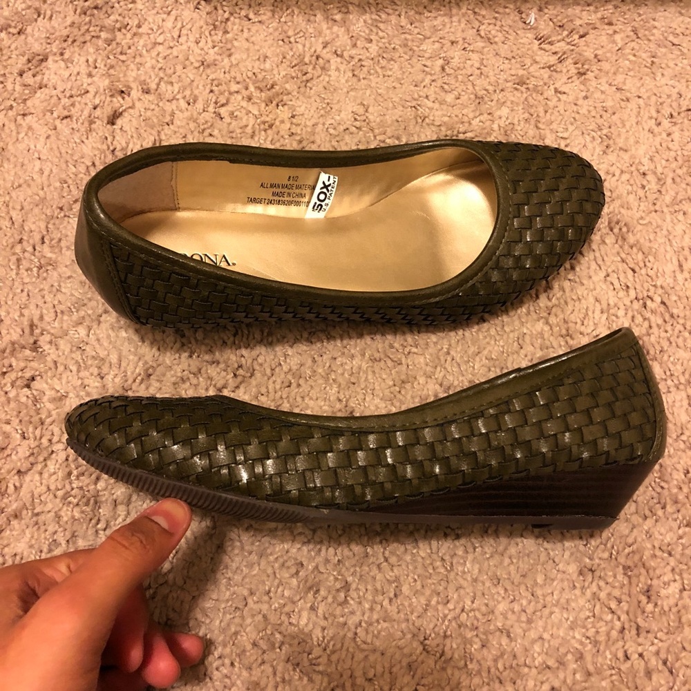 Olive green woven kitten wedges